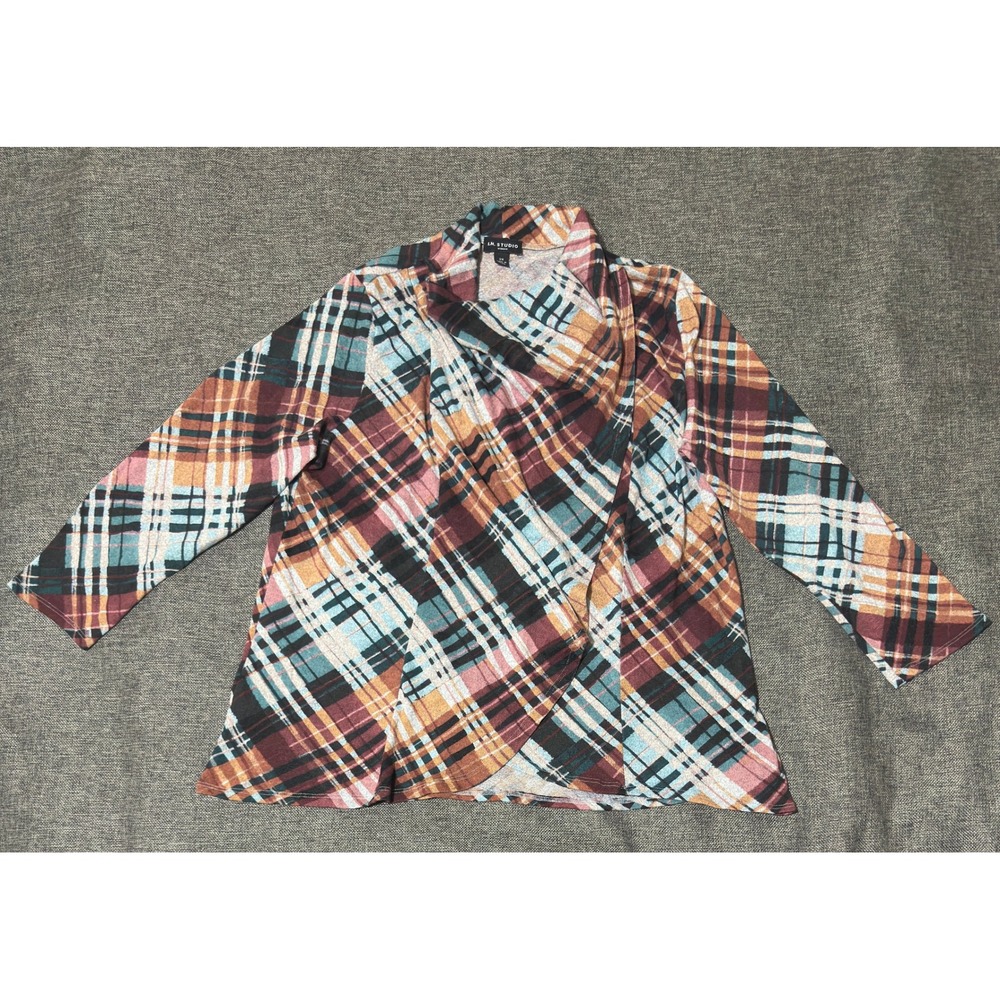 I.N. Studio Woman 2X Top Plaid Draped Neck Long Sleeve Multi-Color Knit